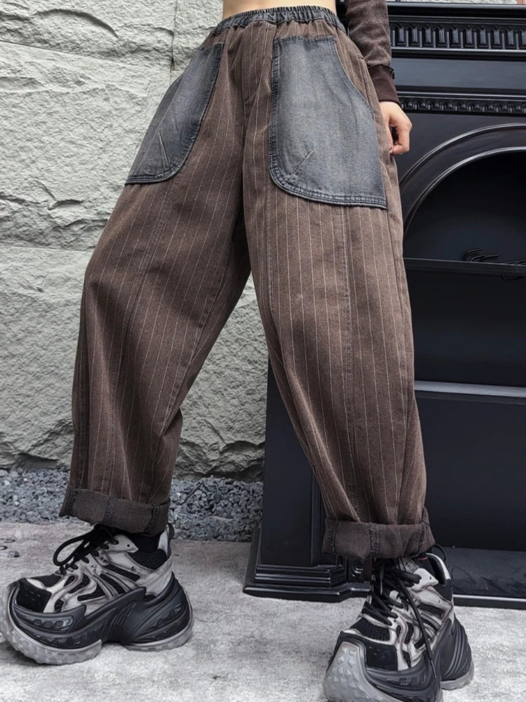 Amax LuluE 2025 Womens Fashion Winter Striped Jeans Loose Casual Denim Trousers Ladies Classic Vintage Elastic Waist Punk Pants
