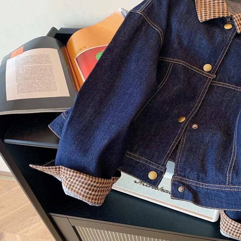 Women Vintage Denim Coat Fall Winter Plaid Patchwork Button Long Sleeve Jacket Loose Casual Simple Retro Streetwear New Jackets