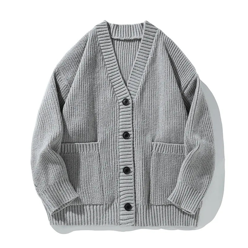 Textured Chunky-Knit Cardigan Jacket for Men Loose-Fit Japanese-Style Women Warm Knitwear Sweater