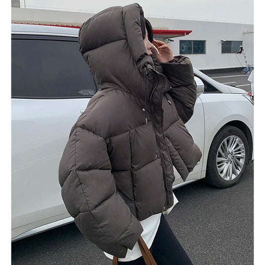 Women Winter Warm Puffy Coats Long Sleeve Casual Cropped Parkas Jacket Solid Hooded American Street Thick Outwear