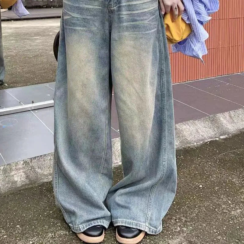 Spring Autumn Vintage Chicly Button Jeans Women American Simple Baggy High Waisted Denim Pants Washed Y2K Wide Leg Jean Trousers