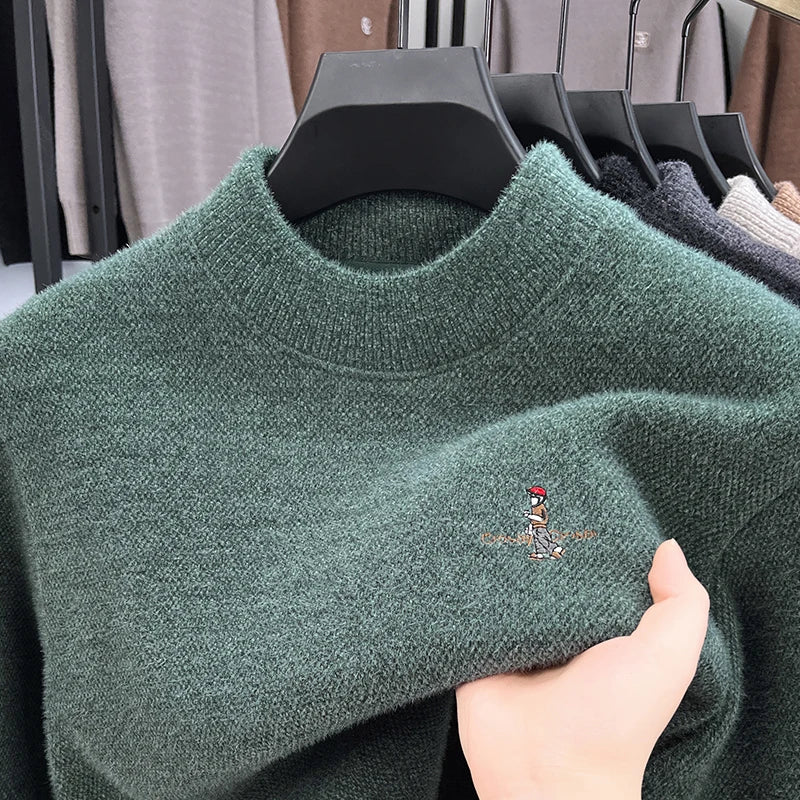 High end brand velvet warm sweater men's round neck top winter Korean luxury cartoon embroidery comfortable knitted pullover