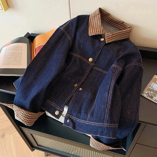 Women Vintage Denim Coat Fall Winter Plaid Patchwork Button Long Sleeve Jacket Loose Casual Simple Retro Streetwear New Jackets