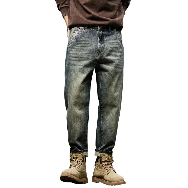 Trendy Men's Harem Pants, Fashionable Splicing Design, Retro Jeans, High Quality Men's Sports Loose Denim Brand Men's Clothing