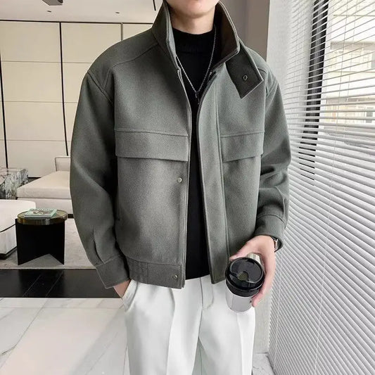 Handsome Wool Jacket Men's High-end Fashion Brand Stand Collar Trendy Autumn and Winter Short Korean Lapel Wool Top