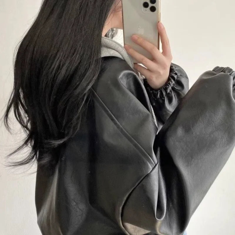 American Trend Commuting Retro Versatile Spring Autumn New Casual Zipper Pocket Loose Women's Leather Jacket