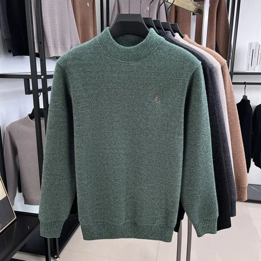 High end brand velvet warm sweater men's round neck top winter Korean luxury cartoon embroidery comfortable knitted pullover