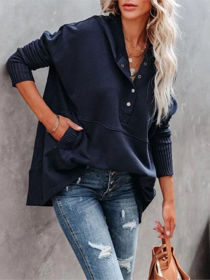 Casual Loose White Women Sweatshirt Autumn Winter V-neck Hooded Batwing Sleeve Hoodie Threaded Splicing Top For Women Pullovers