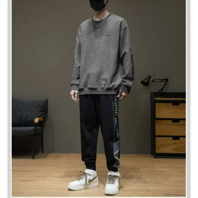 American High Street Trend Thickened Long Sleeved Hoodie Men's Autumn Winter New Round Neck Printed Loose Patchwork Fleece Top