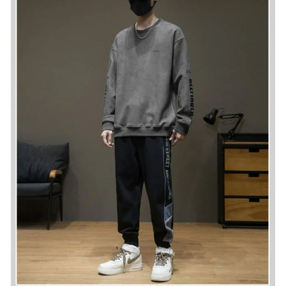 American High Street Trend Thickened Long Sleeved Hoodie Men's Autumn Winter New Round Neck Printed Loose Patchwork Fleece Top