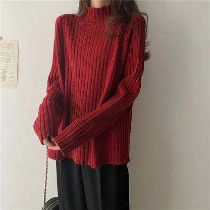 Autumn Winter Fashion All-match Long Sleeve Loose Sweaters Women Clothing Elegant Chic Turtleneck Pullover Casual Solid Knit Top