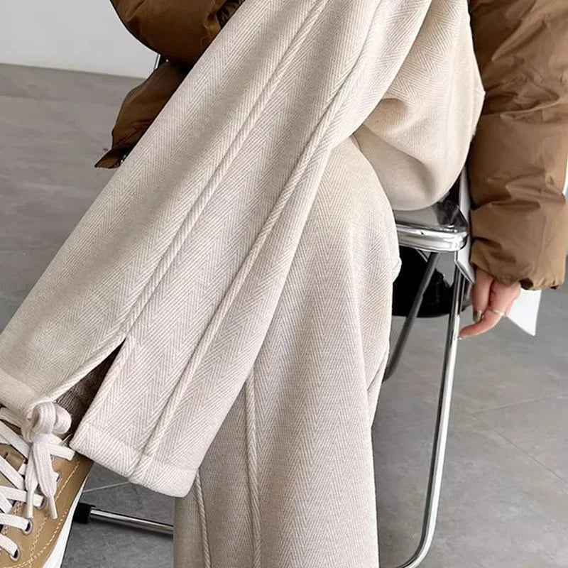 Herringbone Plus Velvet Wide-leg for Women New Style Woolen Slit Thickened Pants Straight and Casual Large Size