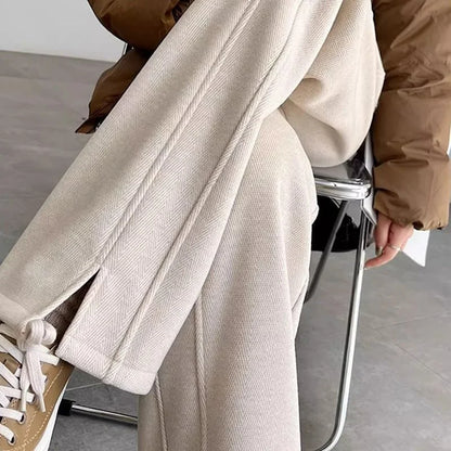 Herringbone Plus Velvet Wide-leg for Women New Style Woolen Slit Thickened Pants Straight and Casual Large Size