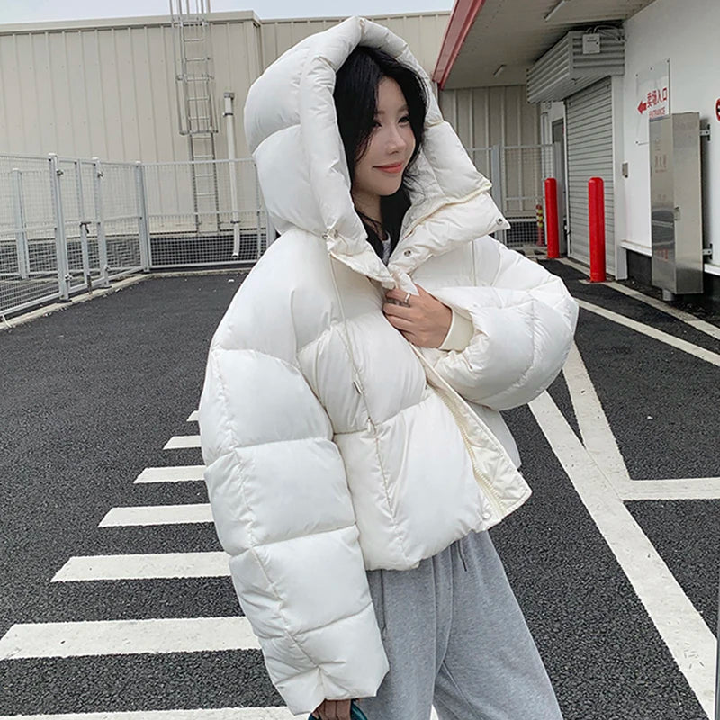 Women Winter Warm Puffy Coats Long Sleeve Casual Cropped Parkas Jacket Solid Hooded American Street Thick Outwear