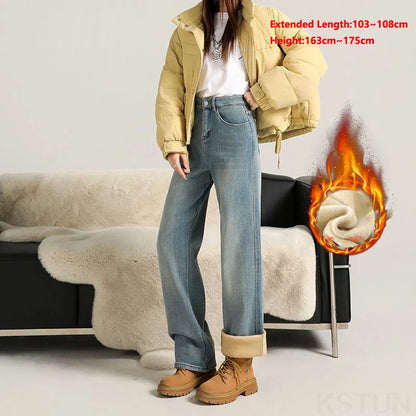 KSTUN Women’s Narrow Cut Wide Leg Jeans with Fleece High Waisted 2025 Winter Warm Jeans For Mom Straight Leg Thicken Trousers