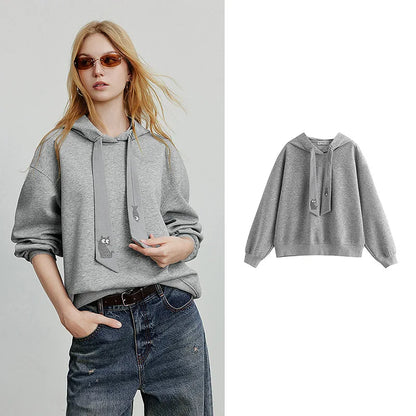 TOYOUTH Women Hoodies Sweatshirt 2025 Autumn New College Style Cat Embroidery Tie Cotton Hooded Pullover Tops