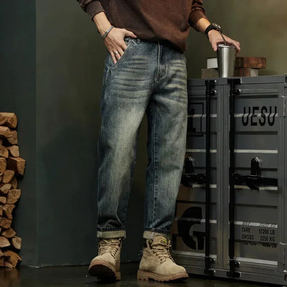 Trendy Men's Harem Pants, Fashionable Splicing Design, Retro Jeans, High Quality Men's Sports Loose Denim Brand Men's Clothing