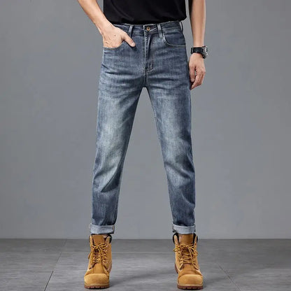 Men's Jeans Washing High-end Men's Jeans Small Straight Stretch Slim Retro Blue Casual Straight