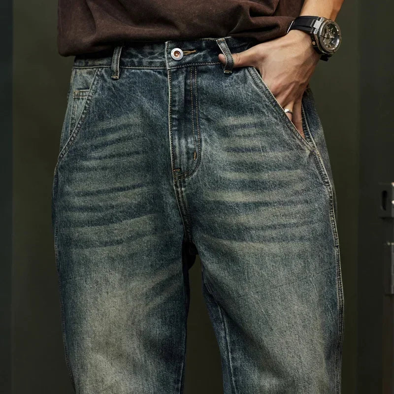 Trendy Men's Harem Pants, Fashionable Splicing Design, Retro Jeans, High Quality Men's Sports Loose Denim Brand Men's Clothing