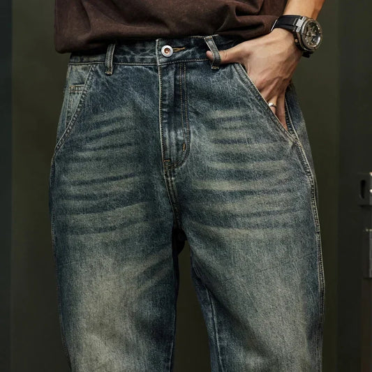 Trendy Men's Harem Pants, Fashionable Splicing Design, Retro Jeans, High Quality Men's Sports Loose Denim Brand Men's Clothing