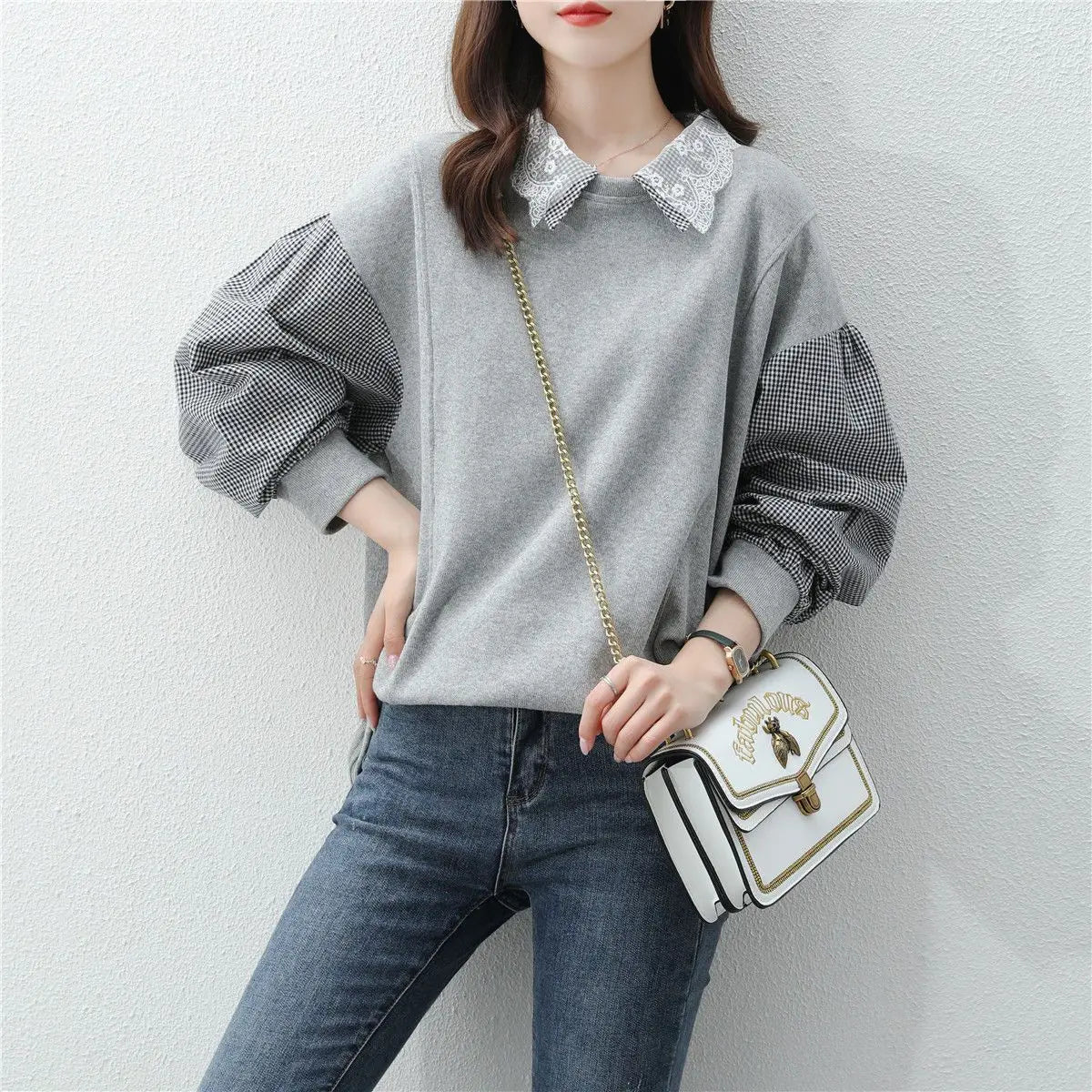 2025 Autumn New Women's Splicing Collar Hoodie Trendy Ins Loose Korean Spring and Autumn Thin Edition Outerwear Top Trendy