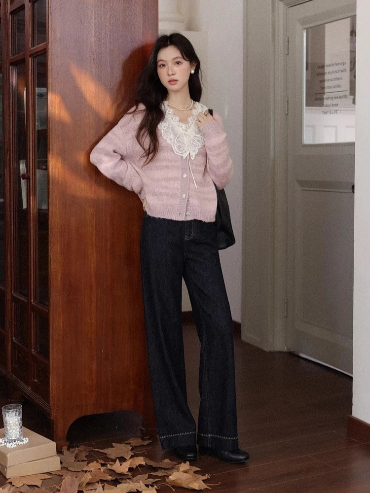 ALXNAN Women's Cardigans French Striped Patchwork V-neck Buttoned Placket Knitted Sweaters Autumn Sweet Casual Knitwear L58617