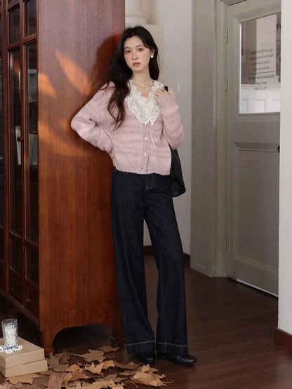 ALXNAN Women's Cardigans French Striped Patchwork V-neck Buttoned Placket Knitted Sweaters Autumn Sweet Casual Knitwear L58617