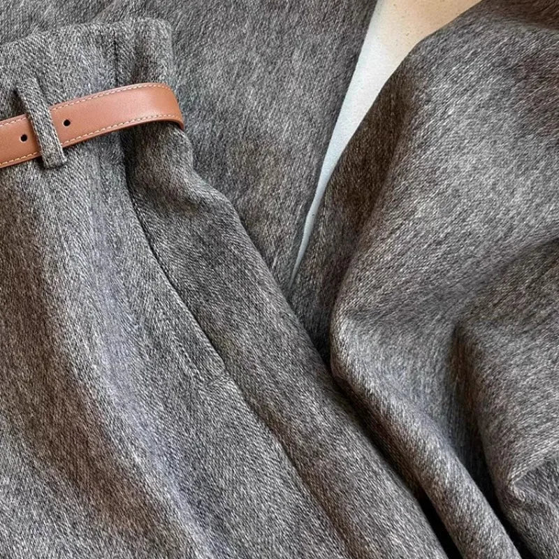 Grey woolen wide-leg pants women's autumn and winter warm woolen pants soft polished cashmere trousers