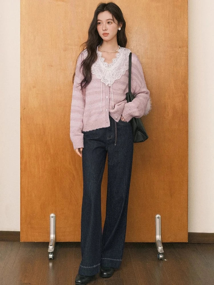 ALXNAN Women's Cardigans French Striped Patchwork V-neck Buttoned Placket Knitted Sweaters Autumn Sweet Casual Knitwear L58617