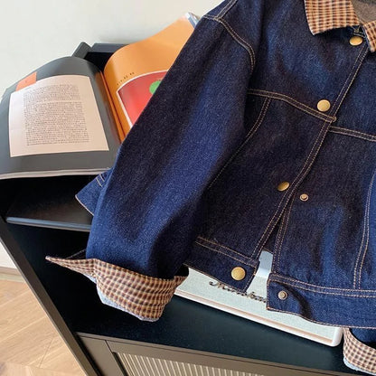 Women Vintage Denim Coat Fall Winter Plaid Patchwork Button Long Sleeve Jacket Loose Casual Simple Retro Streetwear New Jackets