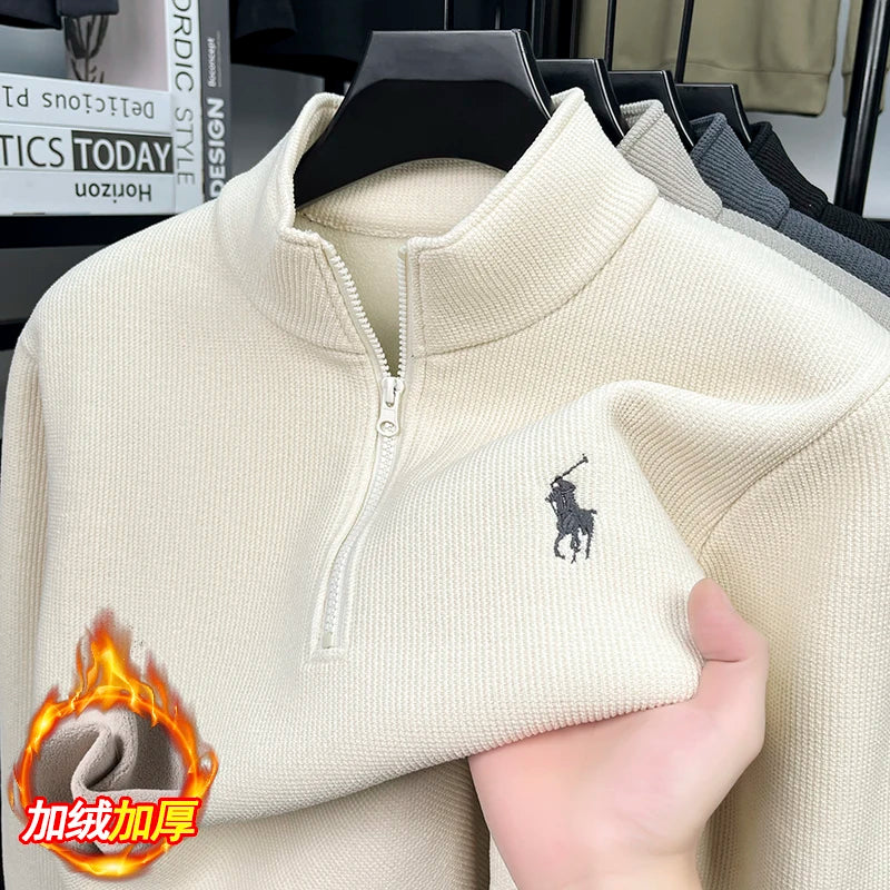 Half-Zipped and Plush Thick Hooded Top for Men, Suitable for Autumn and Winter