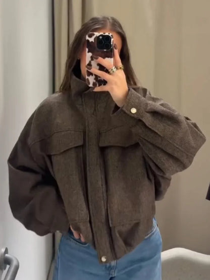 HH Women's Fashion Versatile Button Lapel Collar Long Sleeve Coat Female Zipper Solid Pocket Decoration Puffy Pilot Jacket