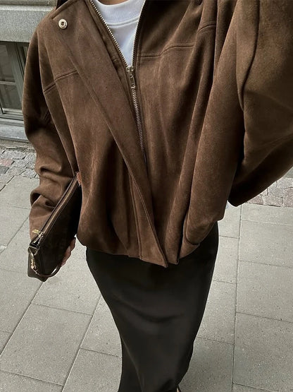 Vintage Brown Suede Jacket Women Fall Winter Casual Loose Bomber Coat Fashion Zipper Long Sleeve Cardigan Commuting Outerwear