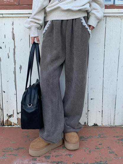 Winter Thick Women Pants Vintage Lace Patchwork Warm Casual Wide Leg Trouser Female Harajuku All Match Straight Sweatpants New