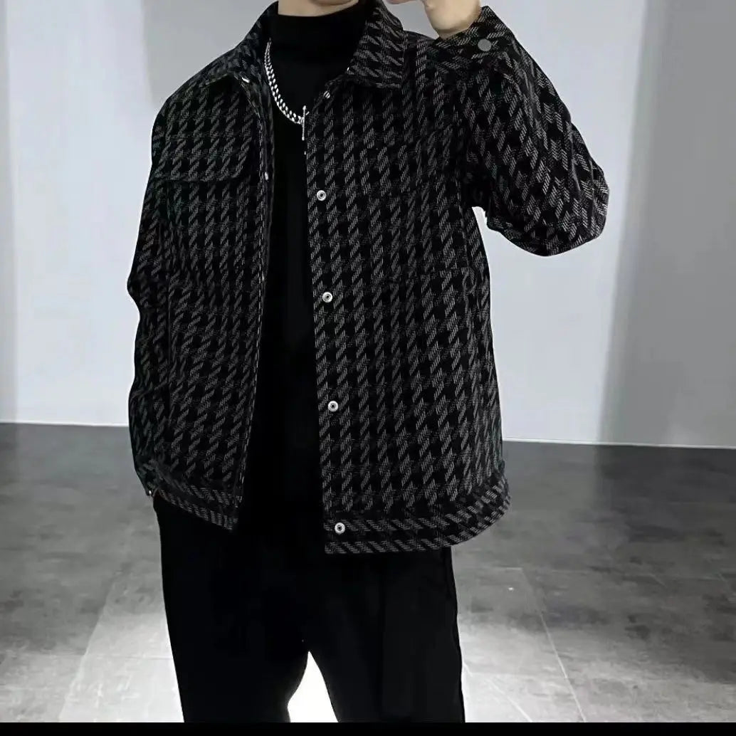 Square Collar Jacket Men's Casual Versatile Thousand Bird Plaid Jacket Korean Version Handsome Men's Jacket