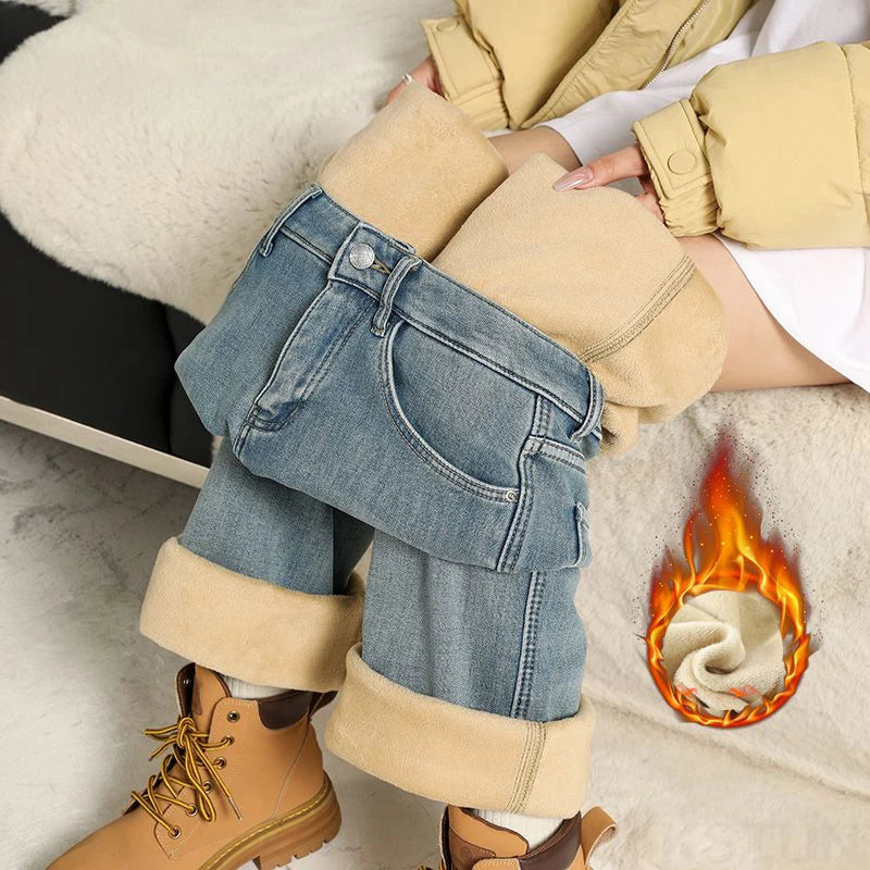 KSTUN Women’s Narrow Cut Wide Leg Jeans with Fleece High Waisted 2025 Winter Warm Jeans For Mom Straight Leg Thicken Trousers