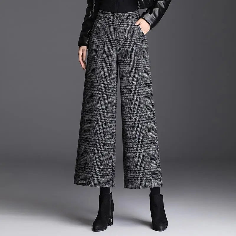 Autumn Winter Women's Woolen Pants New Plaid Pocket Korean Fashion Thicken High Waist Straight Wide Leg Ankle Length Trousers