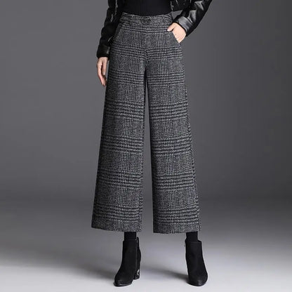 Autumn Winter Women's Woolen Pants New Plaid Pocket Korean Fashion Thicken High Waist Straight Wide Leg Ankle Length Trousers