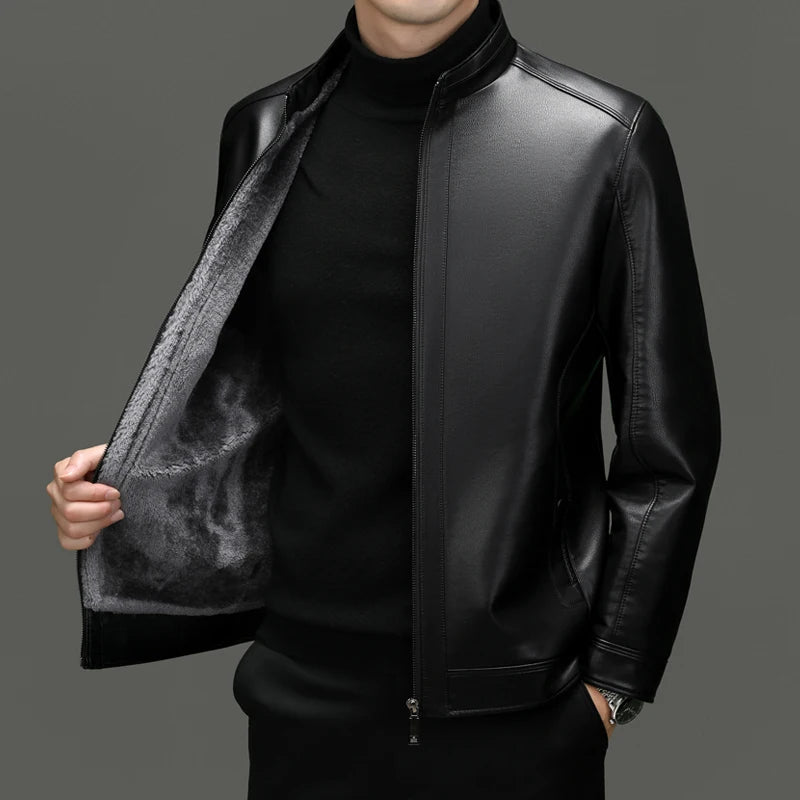 Leather Jacket Men's Autumn Winter Add Villus Korean High Street Fashion PU Clothing Business Match Casual Male Coat Streetwear