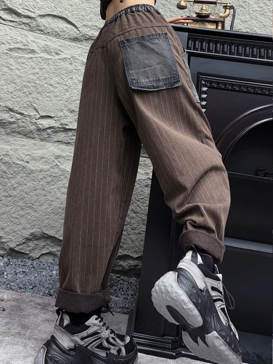 Amax LuluE 2025 Womens Fashion Winter Striped Jeans Loose Casual Denim Trousers Ladies Classic Vintage Elastic Waist Punk Pants