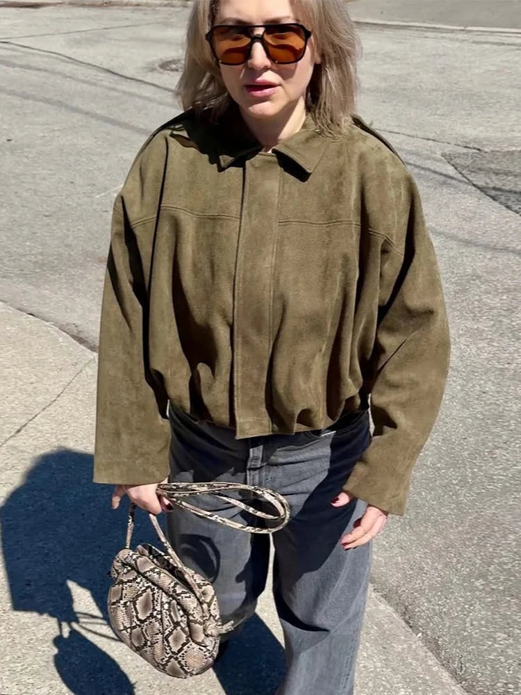 Vintage Brown Suede Jacket Women Fall Winter Casual Loose Bomber Coat Fashion Zipper Long Sleeve Cardigan Commuting Outerwear