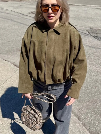 Vintage Brown Suede Jacket Women Fall Winter Casual Loose Bomber Coat Fashion Zipper Long Sleeve Cardigan Commuting Outerwear
