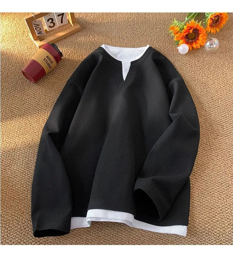 Winter Style Faux Two-Piece V-Neck Sweatshirt for Men, Trendy Long Sleeves, Suitable for Spring and Autumn