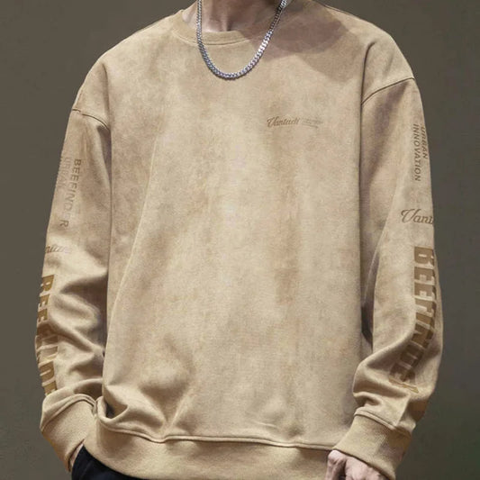 American High Street Trend Thickened Long Sleeved Hoodie Men's Autumn Winter New Round Neck Printed Loose Patchwork Fleece Top