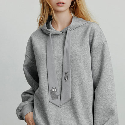 TOYOUTH Women Hoodies Sweatshirt 2025 Autumn New College Style Cat Embroidery Tie Cotton Hooded Pullover Tops