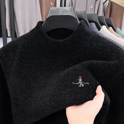 High end brand velvet warm sweater men's round neck top winter Korean luxury cartoon embroidery comfortable knitted pullover
