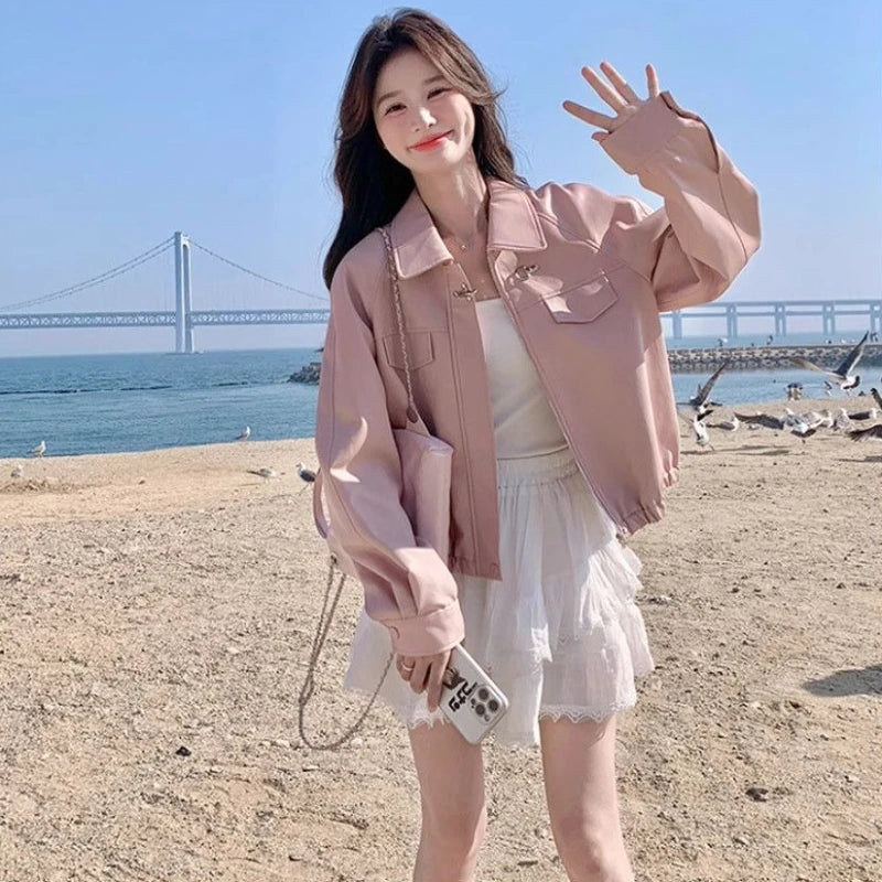 Women's Short PU Leather Jacket Pink Spring Autumn 2025 Sweet Cool Street Style Slim Fit Harajuku Fashion Biker Jacket