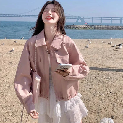 Women's Short PU Leather Jacket Pink Spring Autumn 2025 Sweet Cool Street Style Slim Fit Harajuku Fashion Biker Jacket