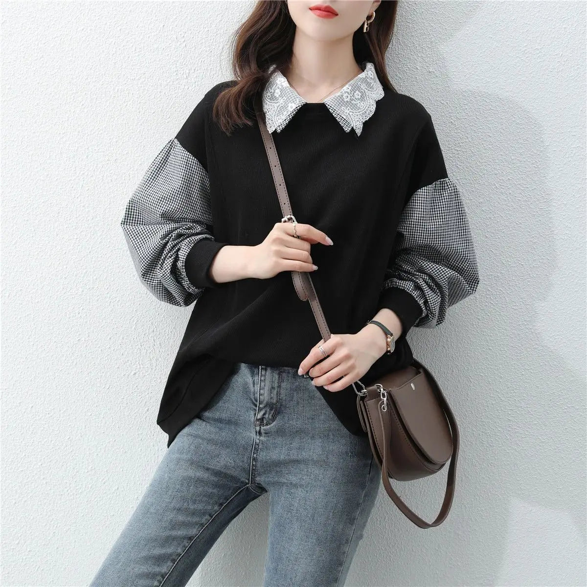 2025 Autumn New Women's Splicing Collar Hoodie Trendy Ins Loose Korean Spring and Autumn Thin Edition Outerwear Top Trendy