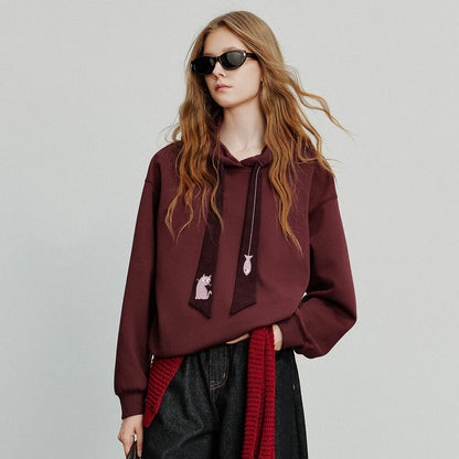 TOYOUTH Women Hoodies Sweatshirt 2025 Autumn New College Style Cat Embroidery Tie Cotton Hooded Pullover Tops